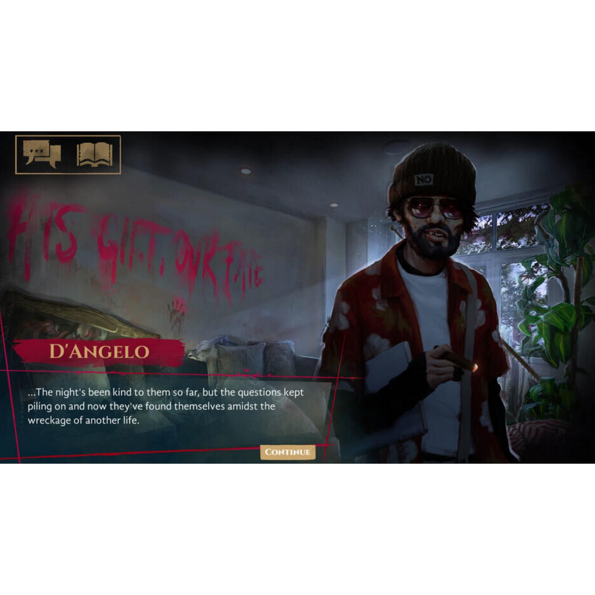 Una escena de juego con un hombre sosteniendo un cigarro, cuadros de diálogo y un fondo de graffiti, iluminación tenue.