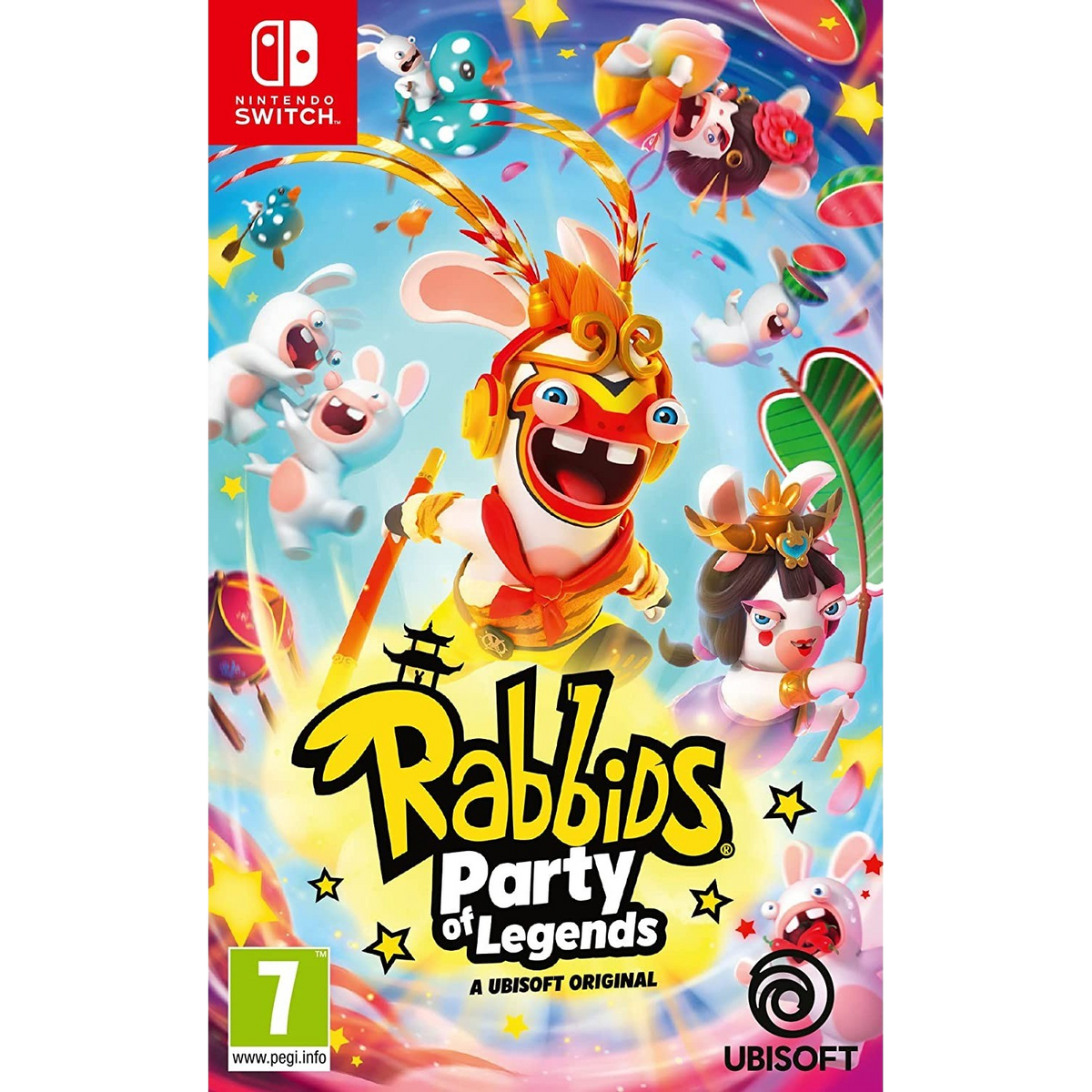 La portada del juego Rabbids Party of Legends de Nintendo Switch muestra personajes de Rabbids.