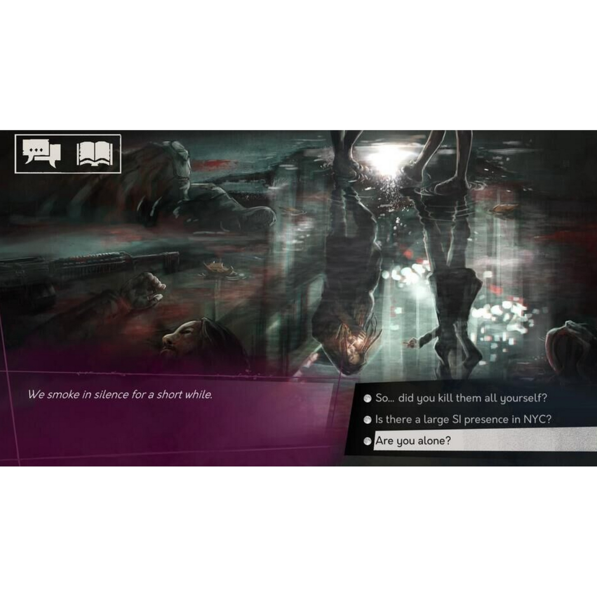 Escena de juego con reflejos, opciones de diálogo y una figura sombría.
