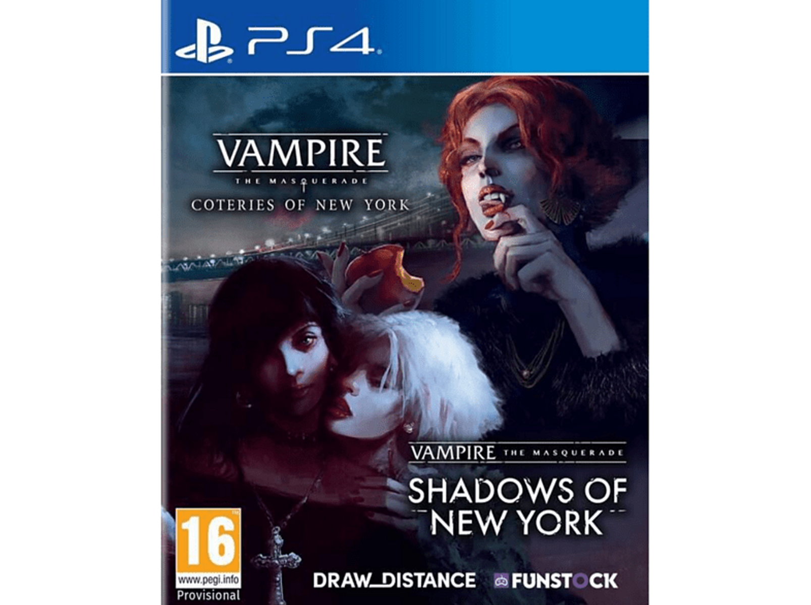 Caja del juego. Vampire The Masquerade: Shadows of New York con personajes.