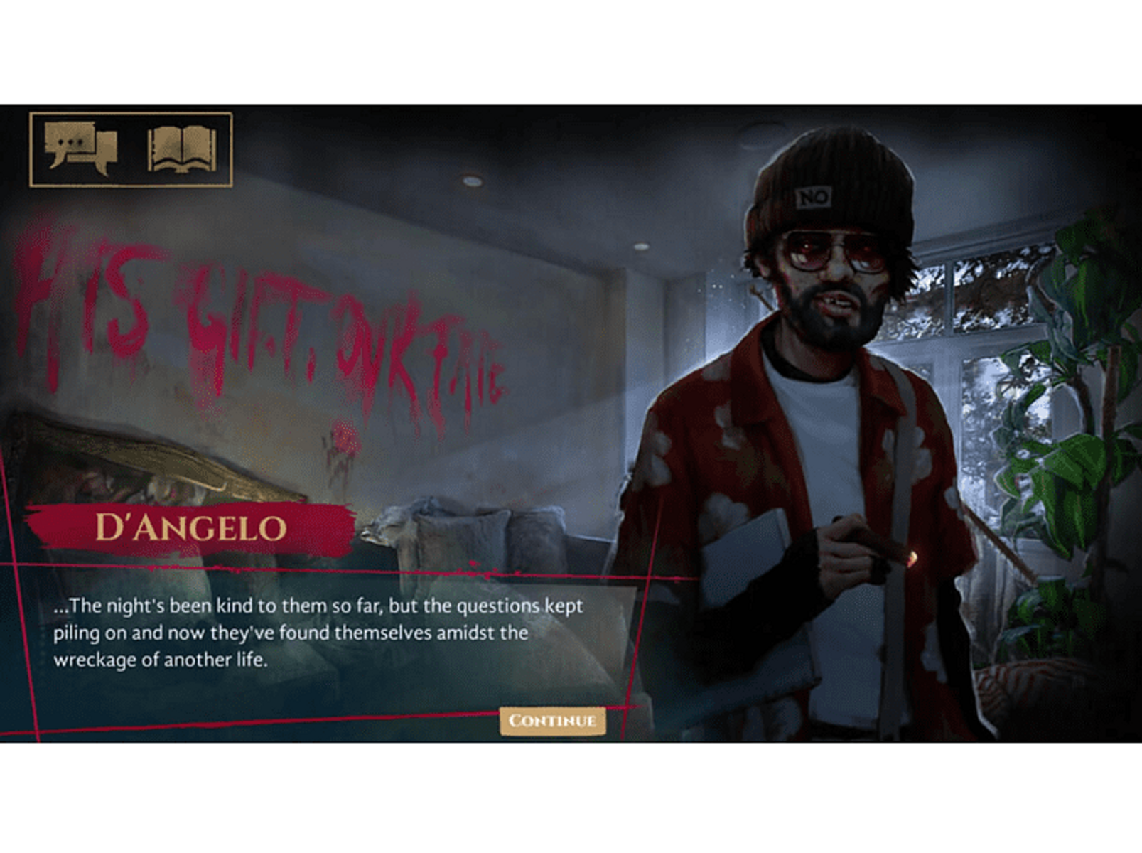 Escena del juego: Hombre en una habitación con graffiti. Texto y cuadro de diálogo con 'D'Angelo'.