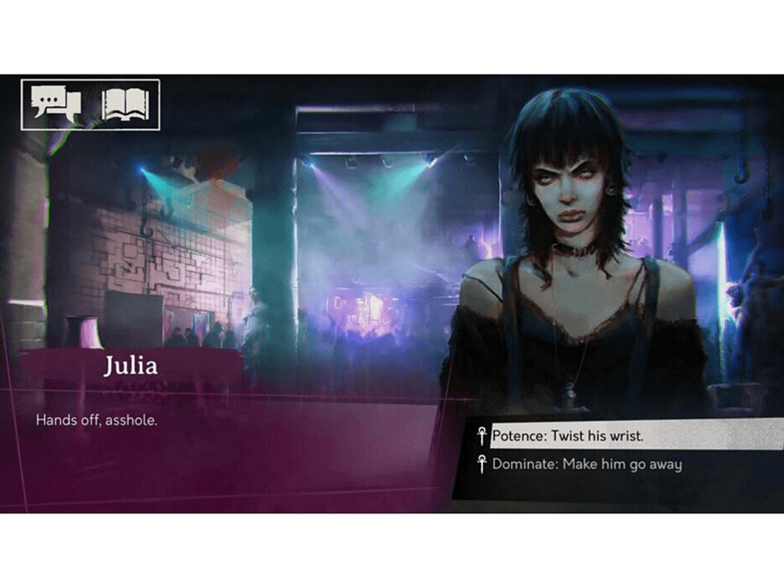 Escena del juego con una mujer llamada Julia, un cuadro de texto y opciones: "Gira su muñeca" y "Haz que se vaya".