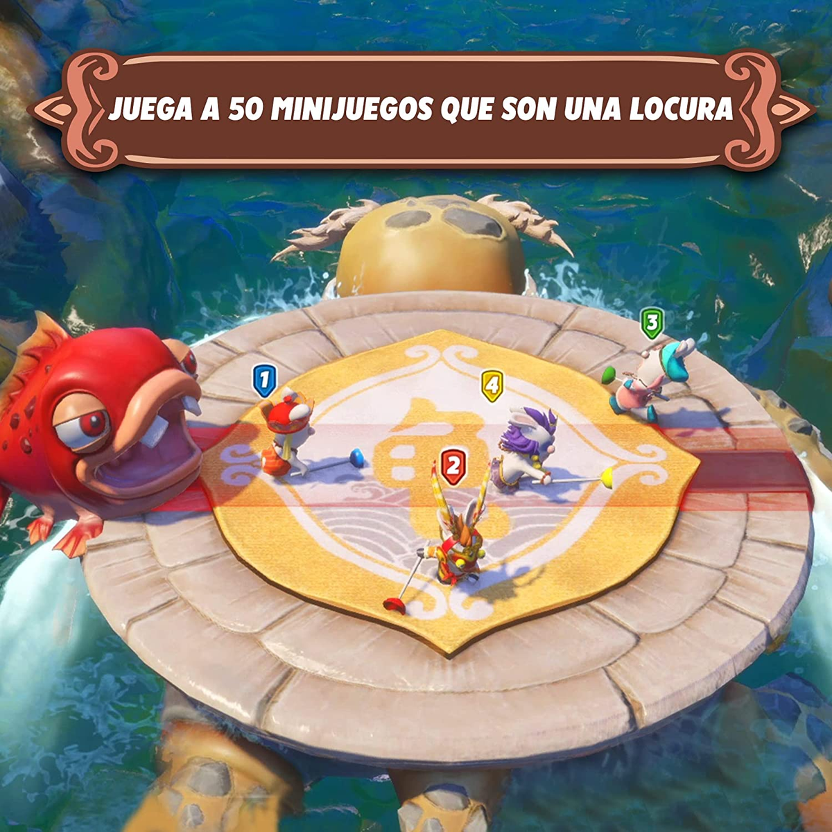 Escena de juego con personajes de dibujos animados en una plataforma en el agua. Un pez rojo está en el lado izquierdo.