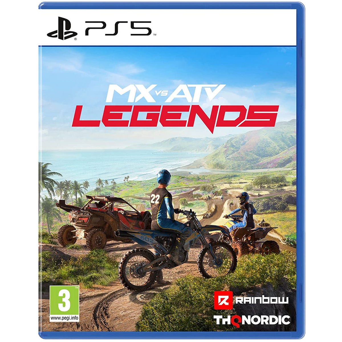 Spiel-Cover: MX vs ATV Legends mit Rennfahrern auf ATVs und einem Dirtbike in einer sonnigen Landschaft.