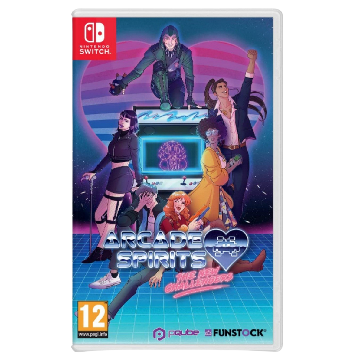 Portada del juego de Nintendo Switch 'Arcade Spirits'. Presenta varios personajes en un entorno retro.