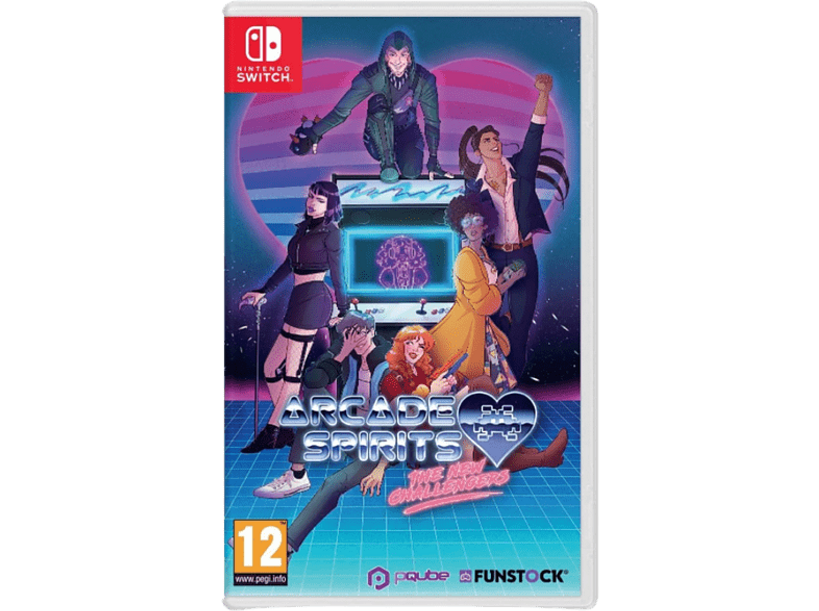 Arcade Spirits: The New Challengers copertina del gioco per Nintendo Switch. Personaggi in stile retrò.