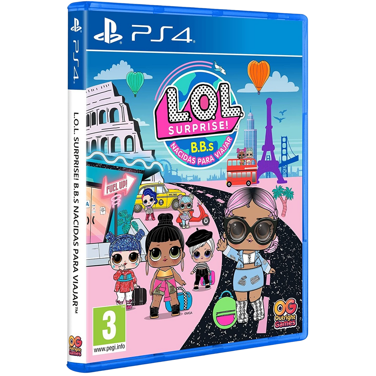 Scatola del gioco PS4 per L.O.L. Surprise! Presenta le bambole L.O.L. Surprise in una scena cittadina con autobus e Torre Eiffel.