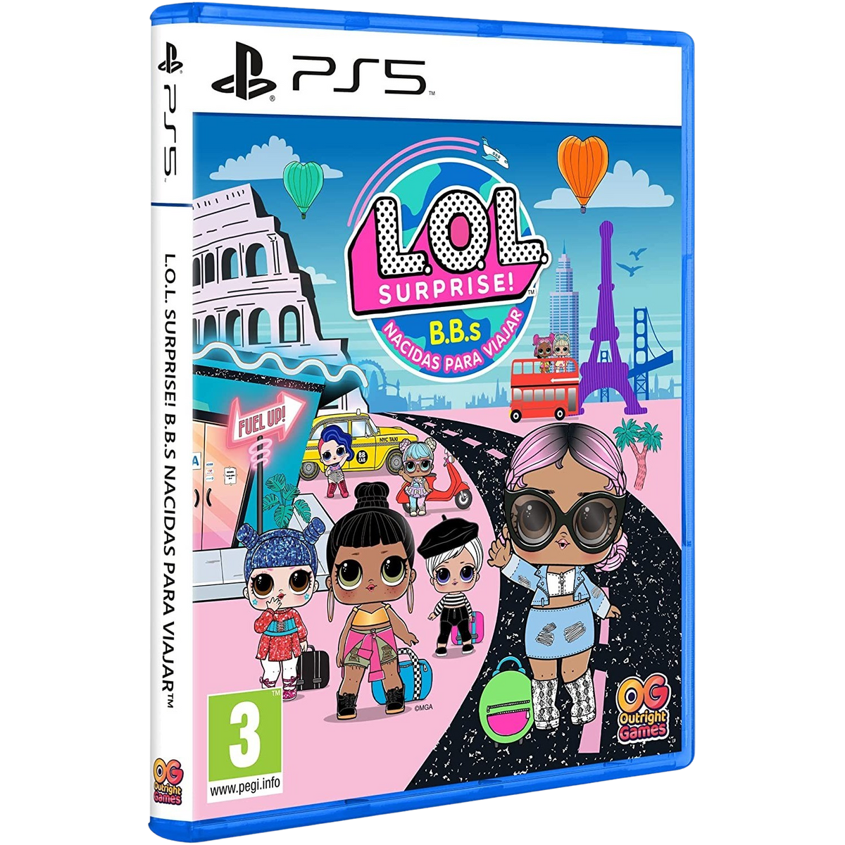 Copertina del gioco con le bambole LOL Surprise davanti ai punti di riferimento della città. È una scatola di gioco PS5.
