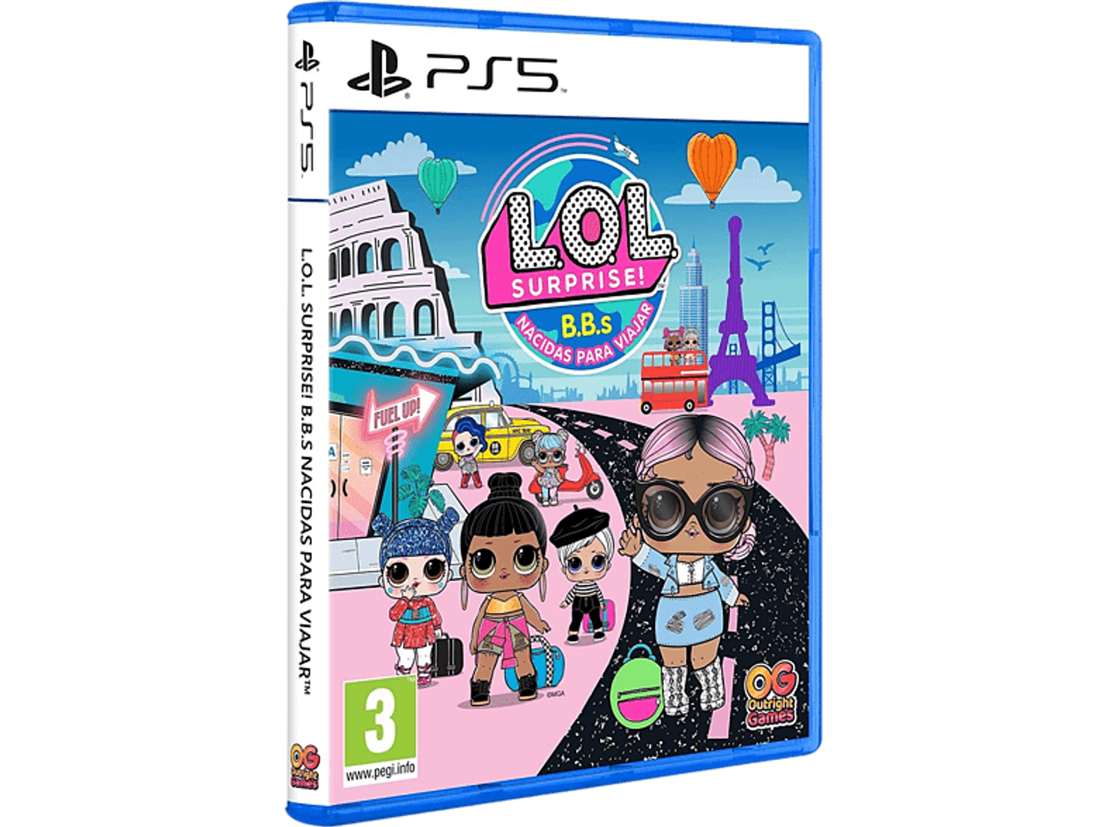 Copertina del gioco 'L.O.L. Surprise! B.B.s Born to Travel' su PS5, con bambole e monumenti.