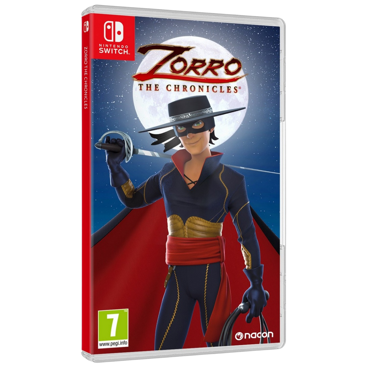 Okładka gry Zorro. Zorro w czarnej masce i kapeluszu trzyma miecz i bat, na tle pełni księżyca.