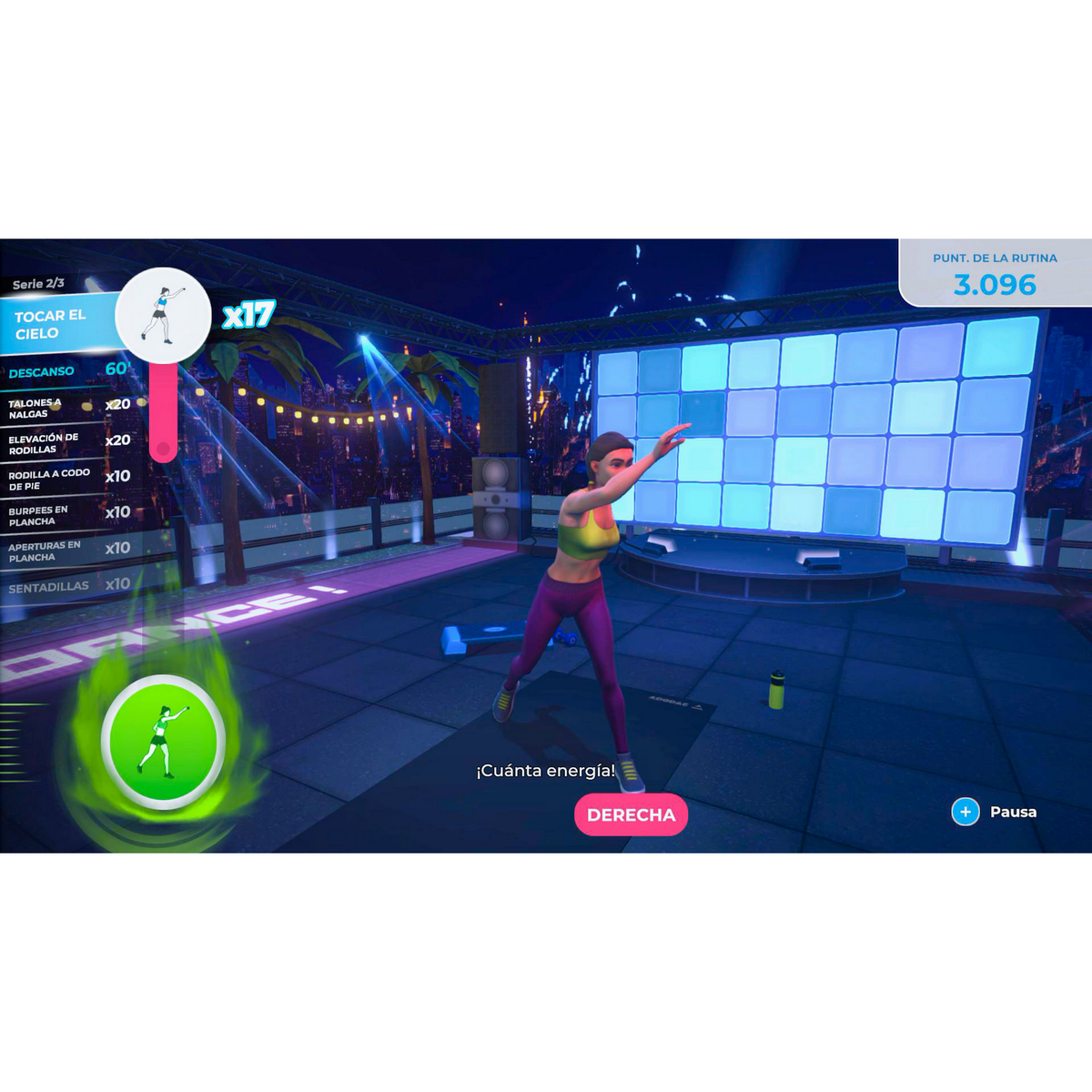 Interfaz del juego de fitness: Una mujer haciendo ejercicio en un gimnasio virtual. Se muestran estadísticas de entrenamiento con nombres de ejercicios.