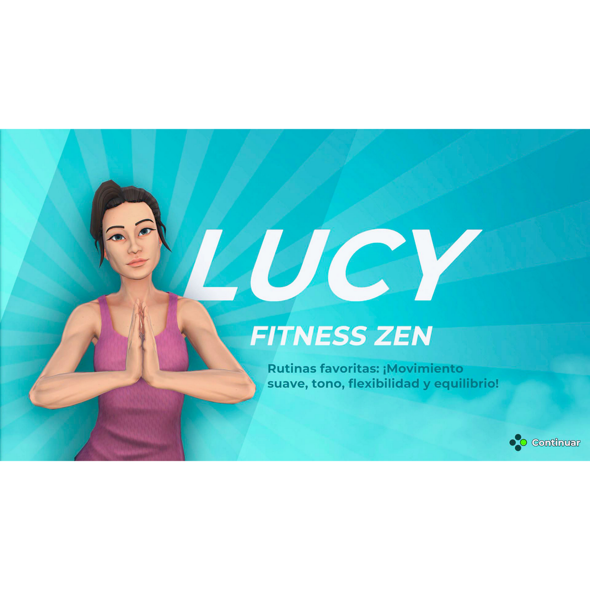 Pantalla de juego de fitness: Mujer con top rosa, manos juntas, fondo azul, texto.