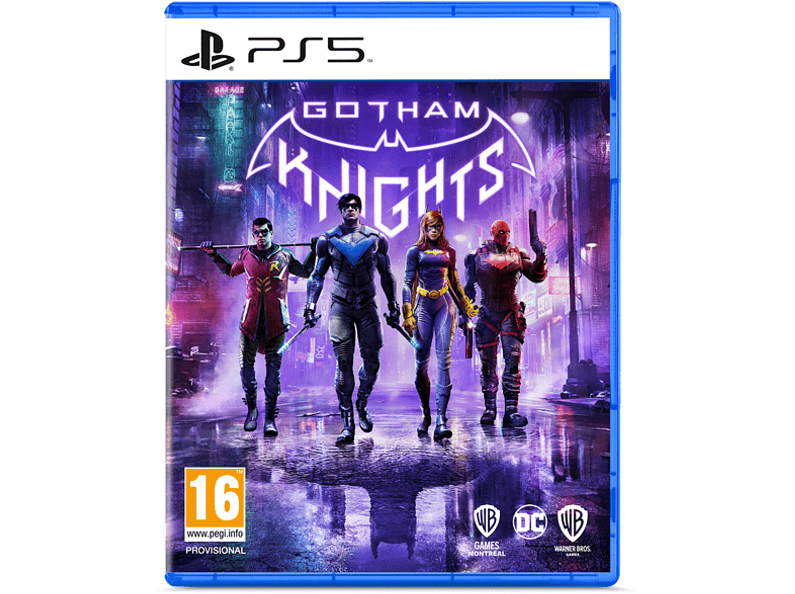 Portada del juego Gotham Knights. Cuatro héroes en trajes, con fondo de ciudad, logo de PS5 arriba.