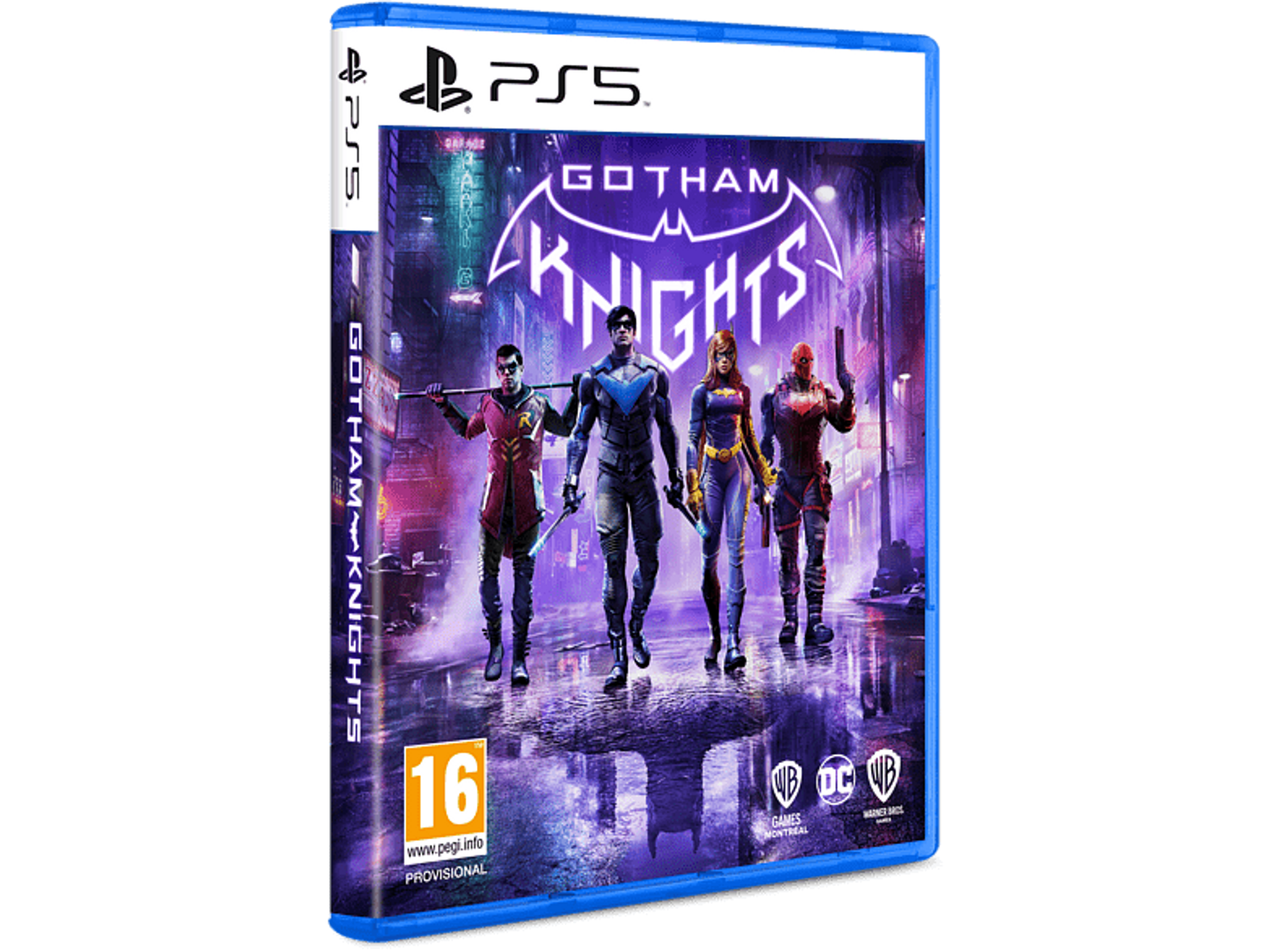 Portada del juego: Cuatro héroes caminan, título Gotham Knights. Logotipo PS5 y clasificación 16.