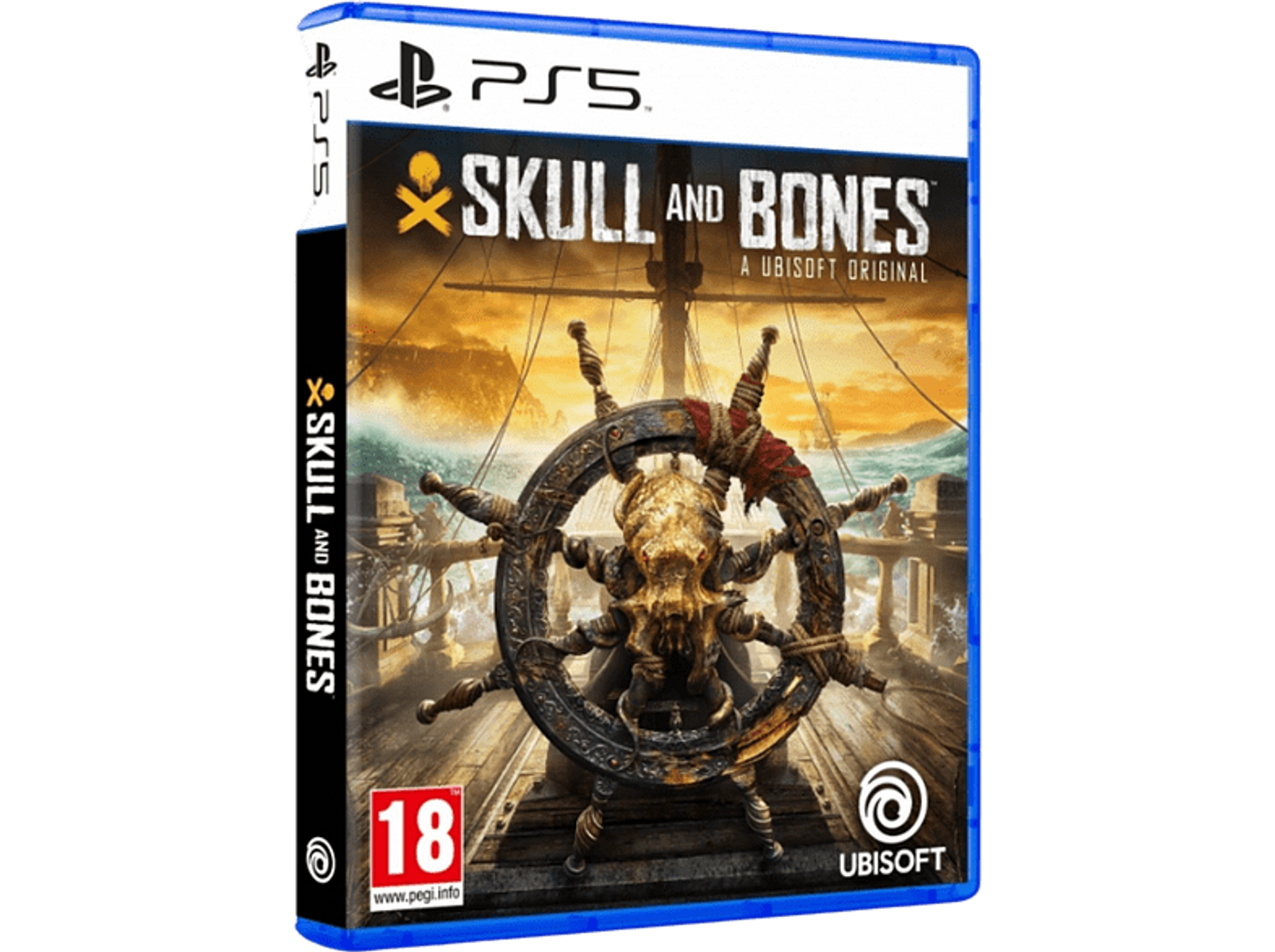 Pudełko z grą, Skull and Bones, koło sterowe, czaszka, woda, logo PS5. Schemat kolorów pomarańczowy i czarny.