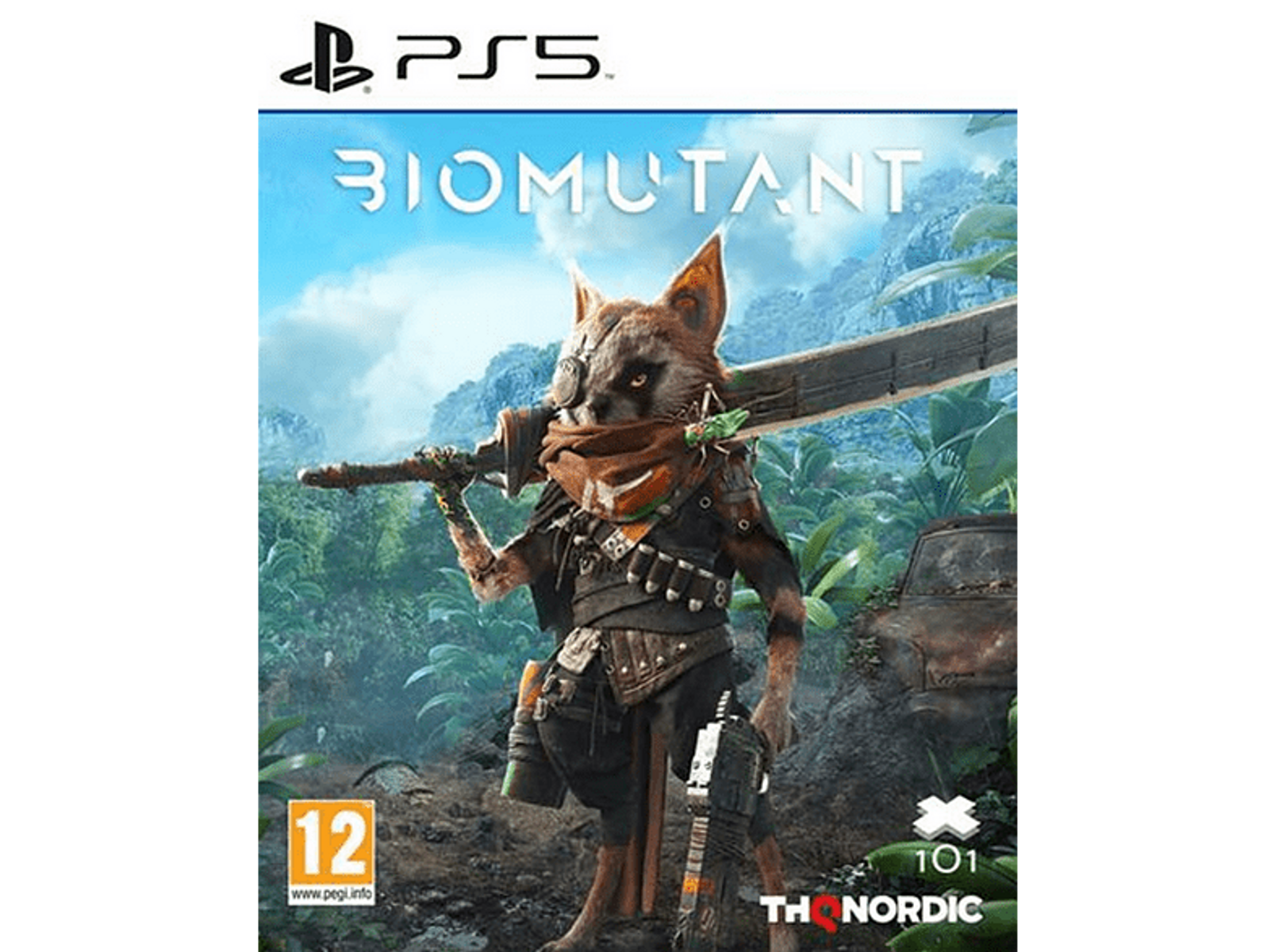 Okładka gry. Zmutowany lisopodobny charakter z mieczem i pistoletem. Tytuł: Biomutant. Kategoria wiekowa 12+.