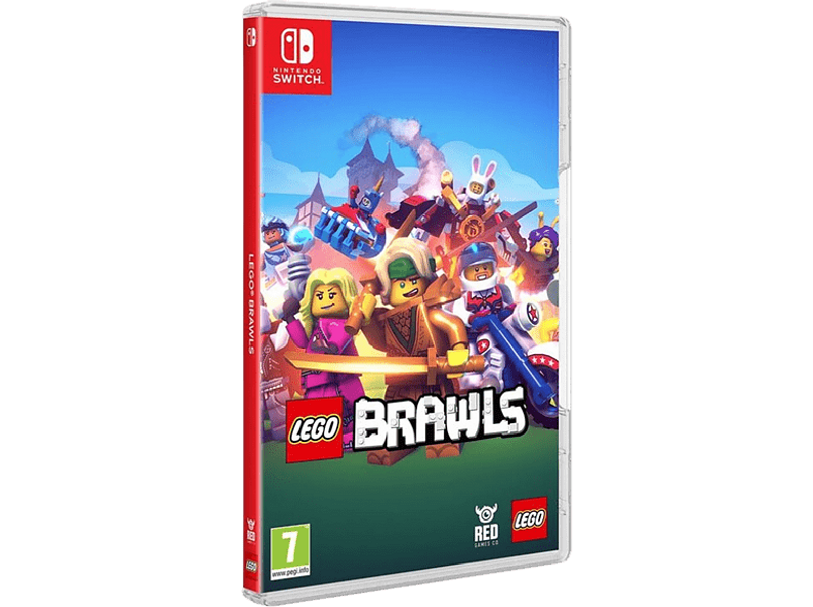 Portada del juego Lego Brawls, con personajes de Lego en una escena de lucha y una funda roja de Nintendo Switch.