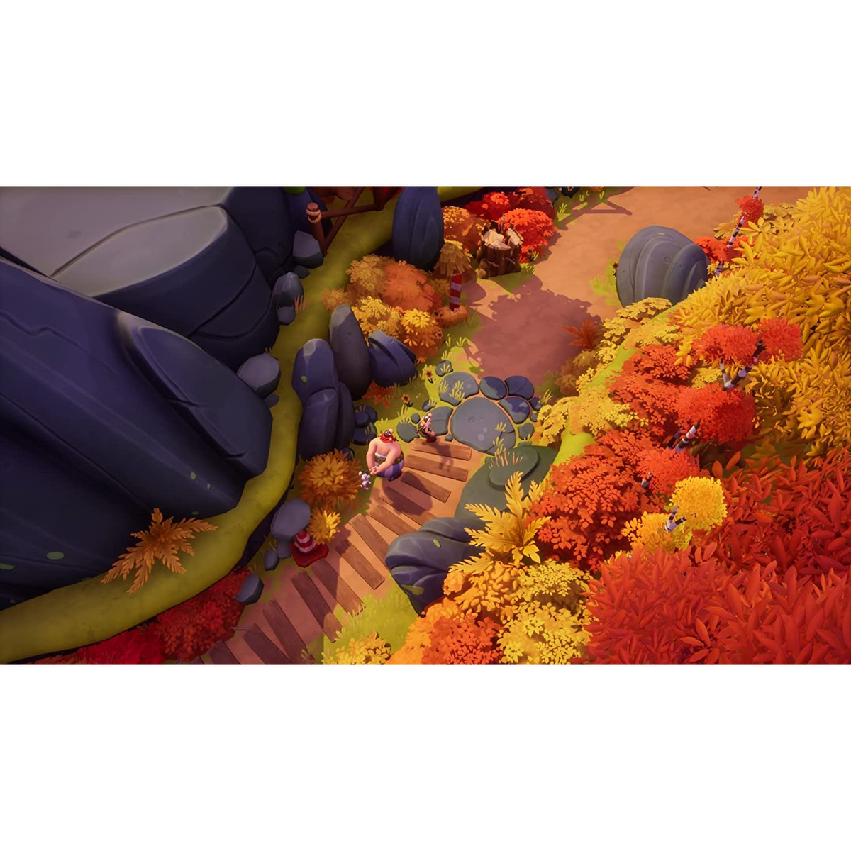 Widok z góry na kolorową scenę z osobą, skałami, drzewami i ścieżką.