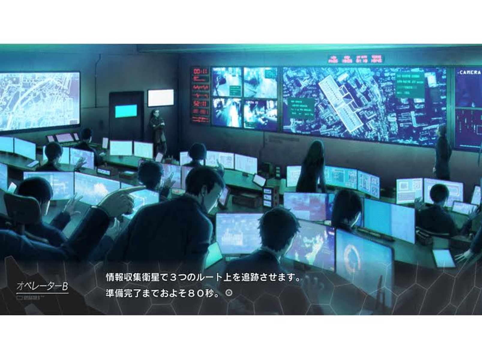 Scena della sala di controllo. Persone davanti agli schermi dei computer, concentrate sulla sorveglianza.