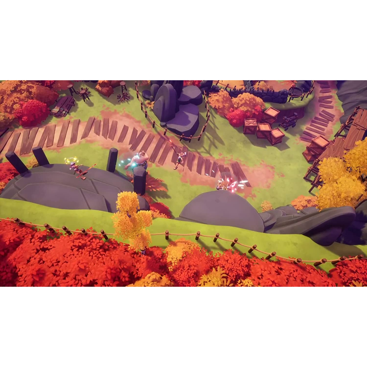 Vista superior de una escena de juego vibrante con personajes y obstáculos en un entorno colorido.