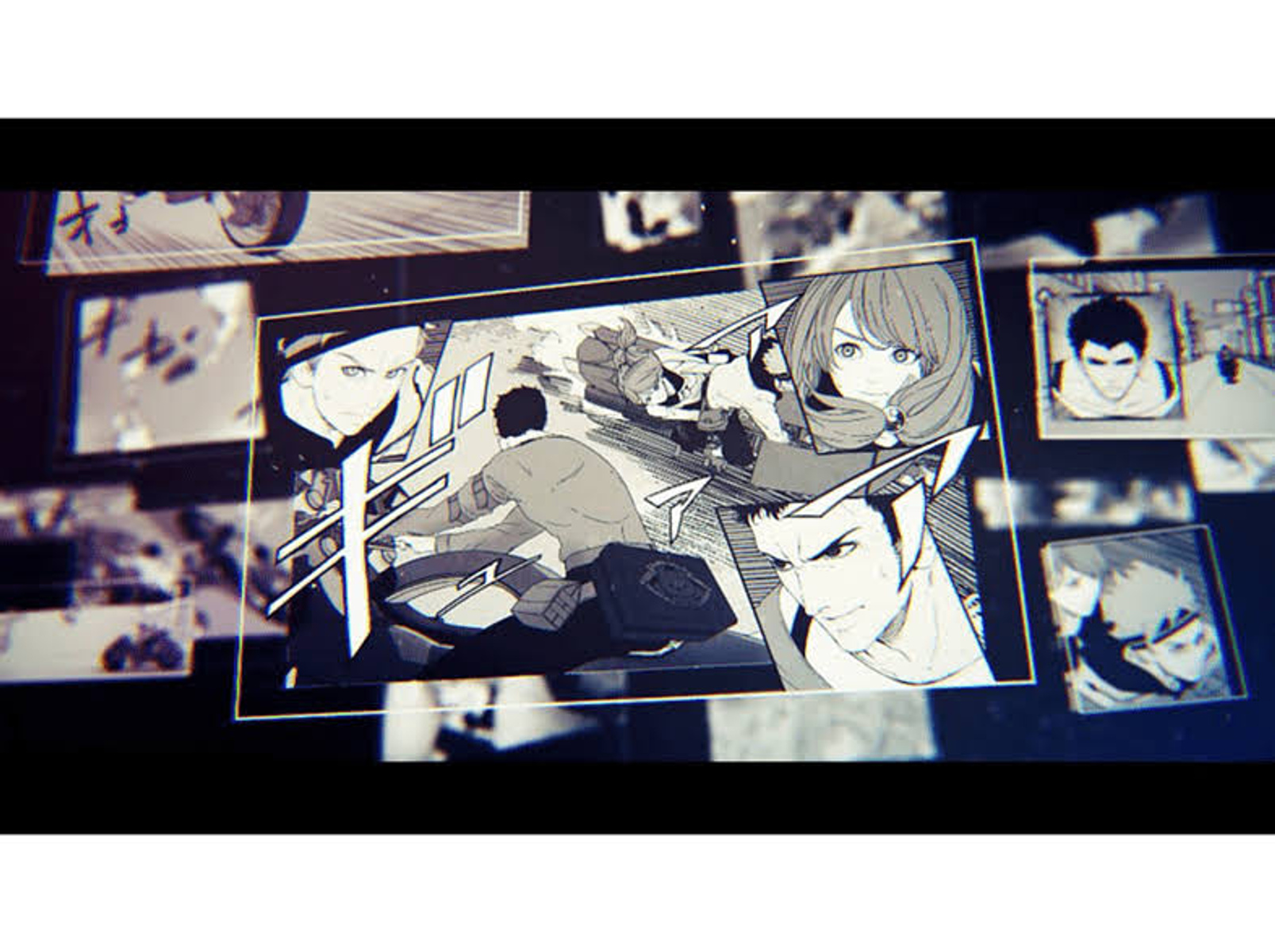 Pannelli di fumetti: scene d'azione, personaggi con fumetti. Stile artistico in bianco e nero.