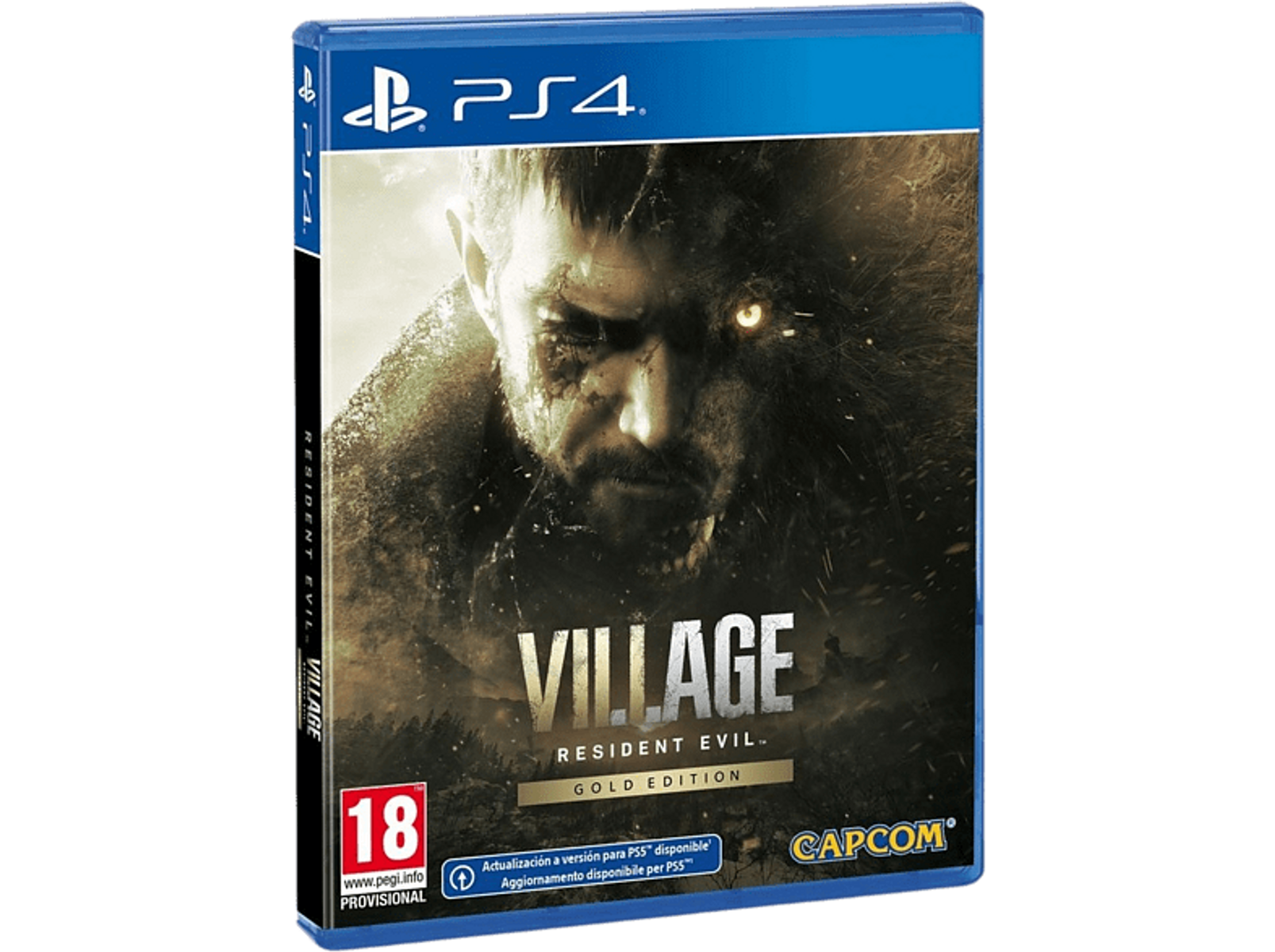 Custodia del gioco Resident Evil Village Gold Edition. Primo piano del volto di un uomo con un occhio giallo brillante.