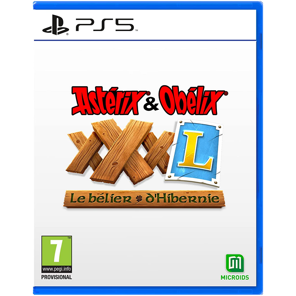 Pudełko z grą wideo. Asterix i Obelix. Drewniane deski i niebieska tarcza z literą „L”.