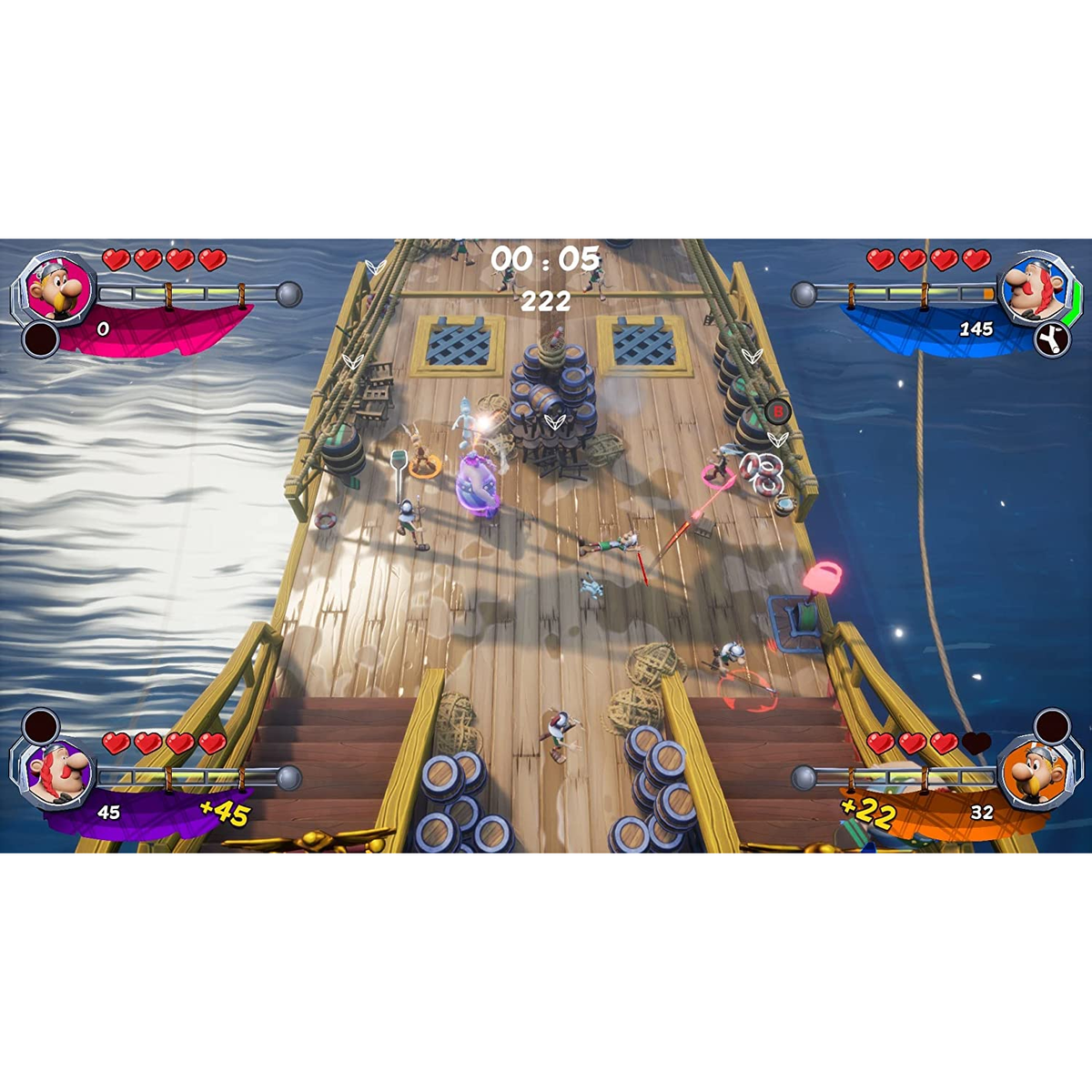 Scena z gry wideo na drewnianym pokładzie statku, z walczącymi postaciami. Wyświetlany jest czas.