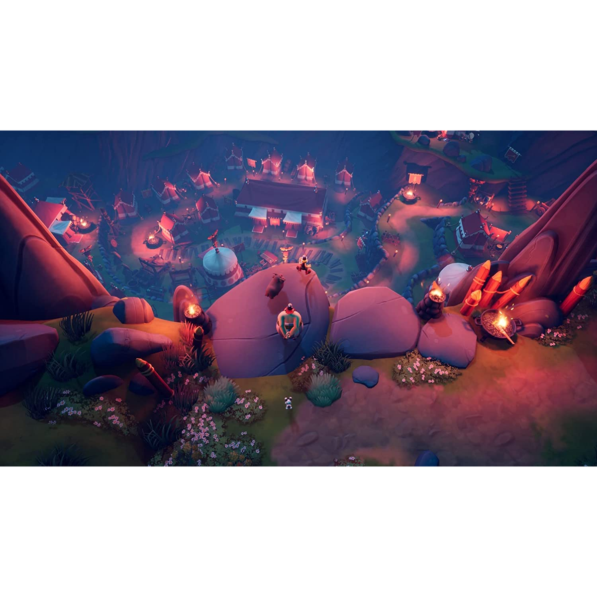 Widok z góry na scenę wioski z postaciami na dużych skałach, w grze.