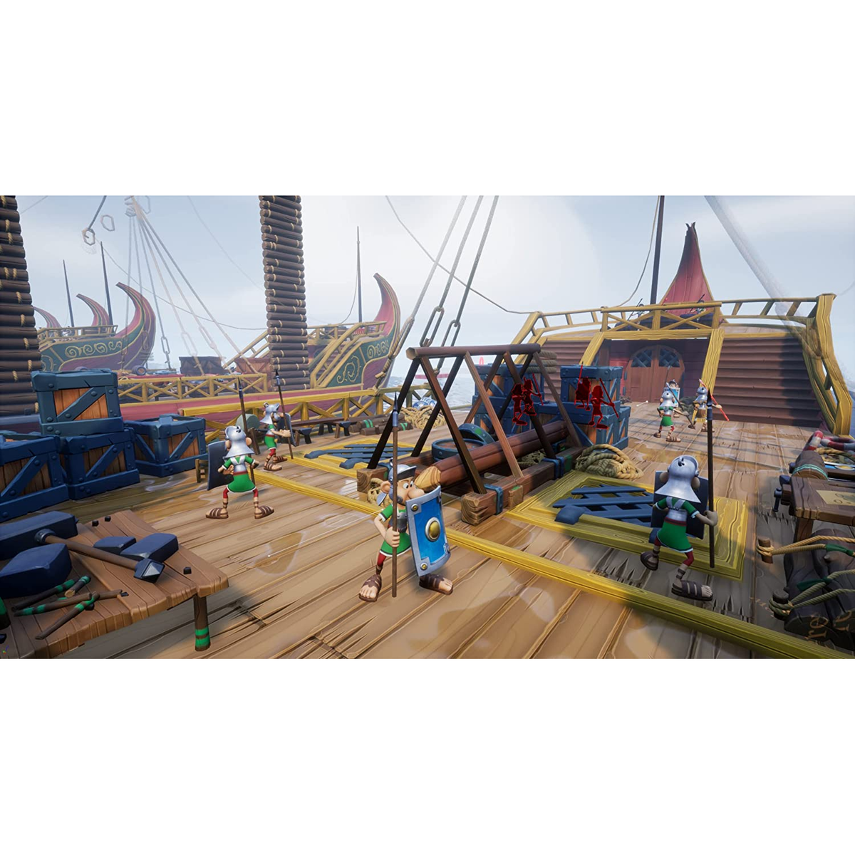 Scena z gry na pokładzie statku z postaciami w zbrojach i trzymającymi broń.