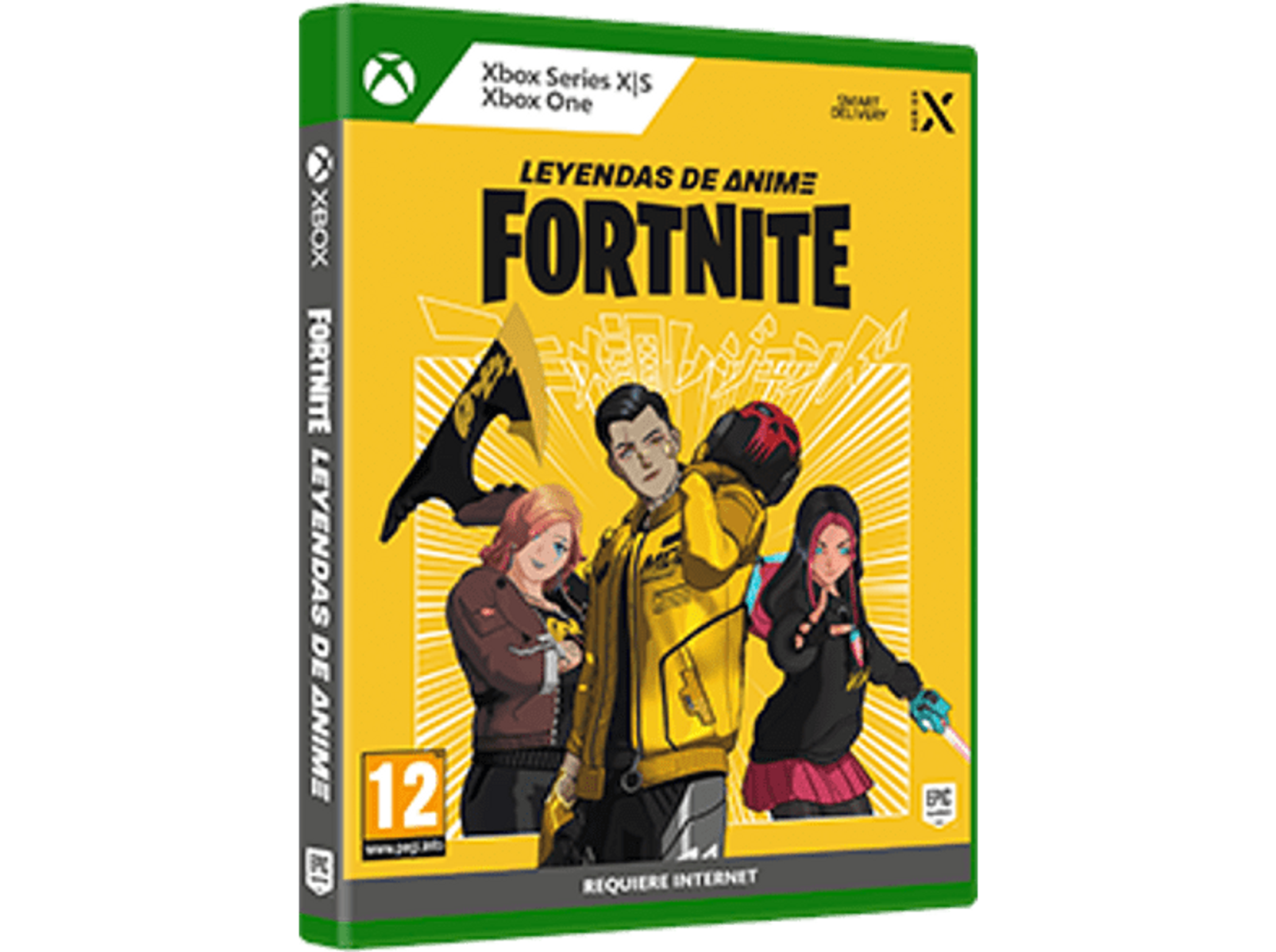 Portada del juego Fortnite Leyendas de Anime. Presenta tres personajes de anime y el logo de Fortnite.