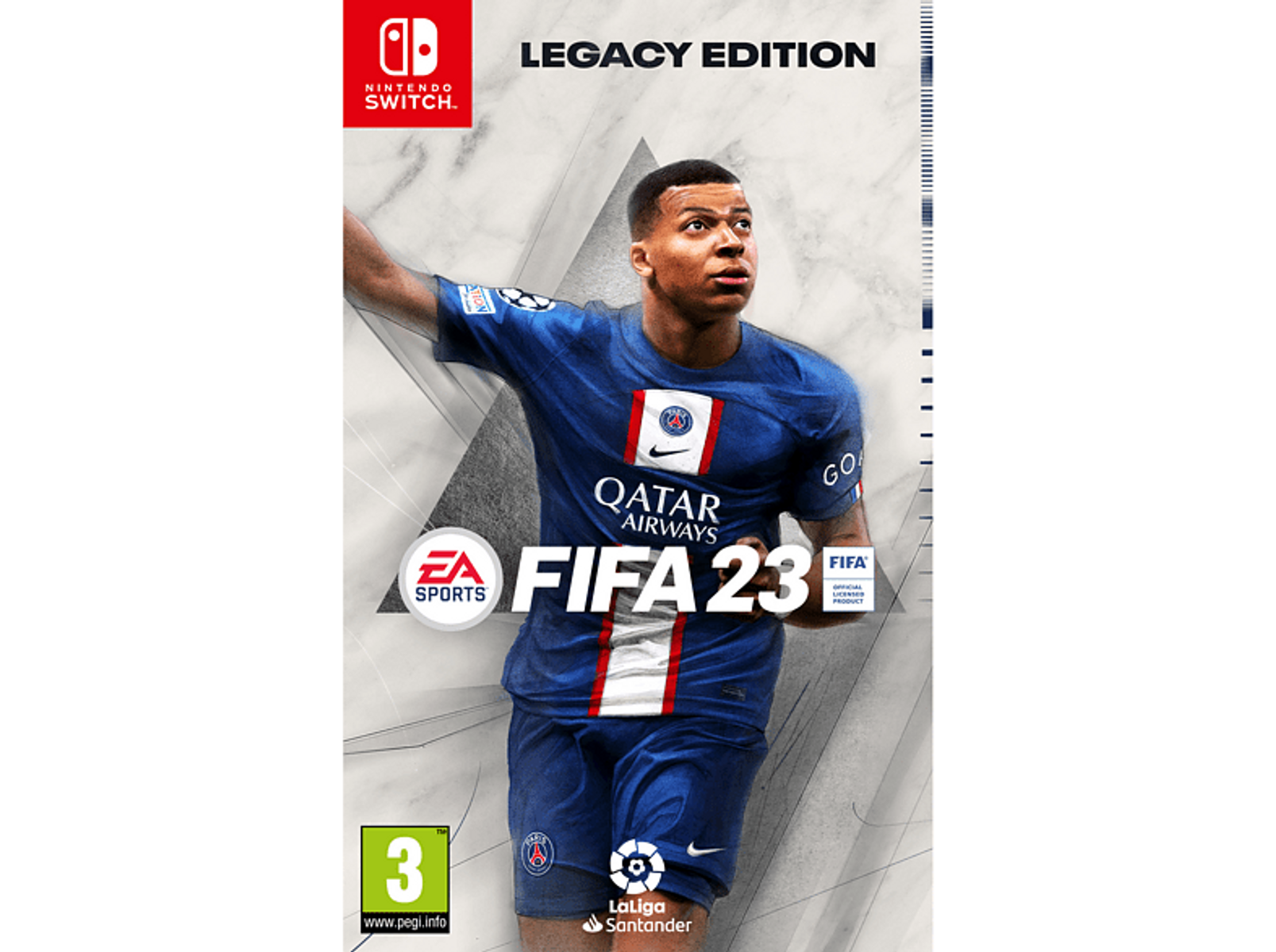 La portada del juego FIFA 23 Legacy Edition muestra un jugador de fútbol y detalles del juego.