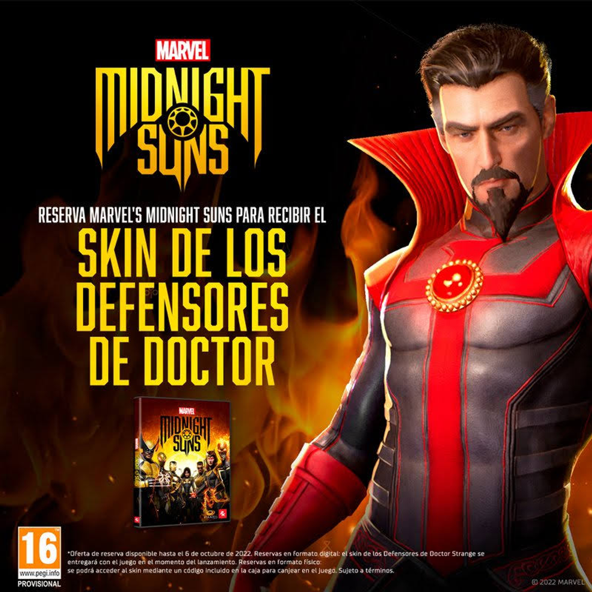 Obraz promujący grę 'Marvel's Midnight Suns' z Doktorem Strange'em. Zawiera pudełko z grą i tekst promocyjny.