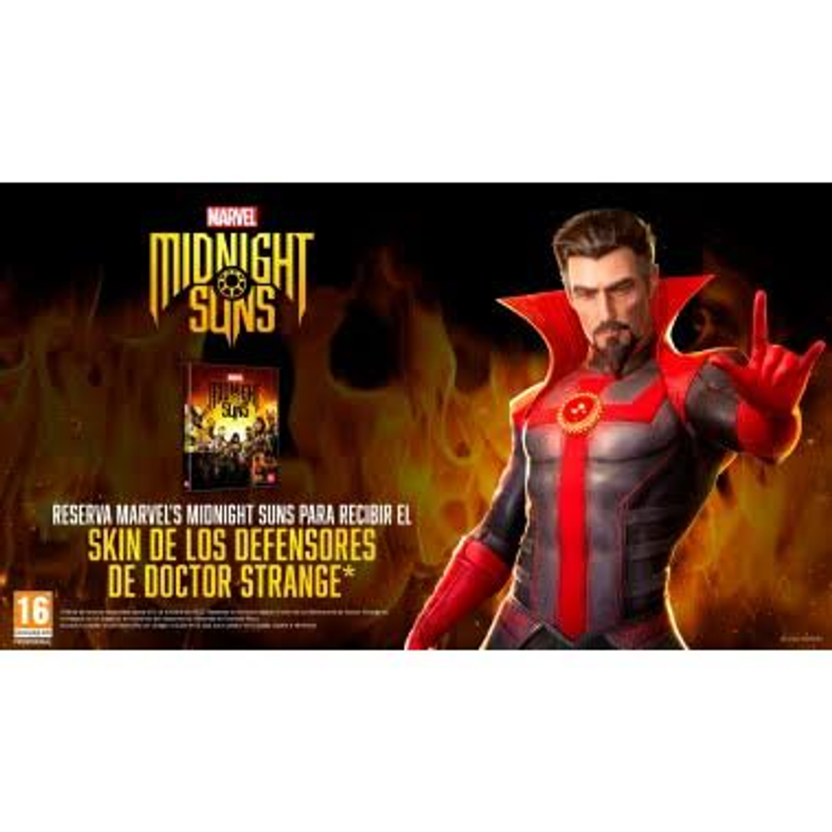 Okładka gry. Postać Doktora Strange'a w czerwono-czarnym stroju. Tytuł: Marvel Midnight Suns.