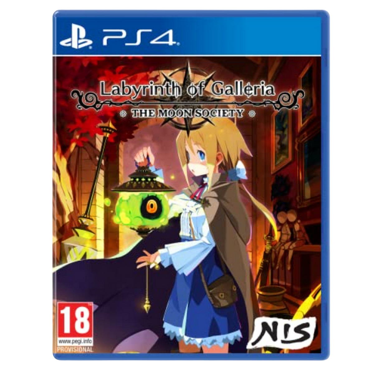 Pudełko gry PS4, Labyrinth of Galleria, dziewczyna z anime na okładce, trzymająca latarnię. Ciemny, gotycki styl.