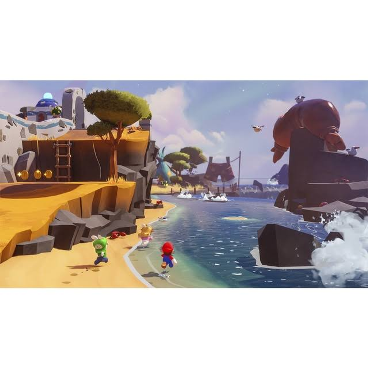 Una escena de juego vibrante: Mario, Luigi y un conejo en una playa con agua y estructuras.