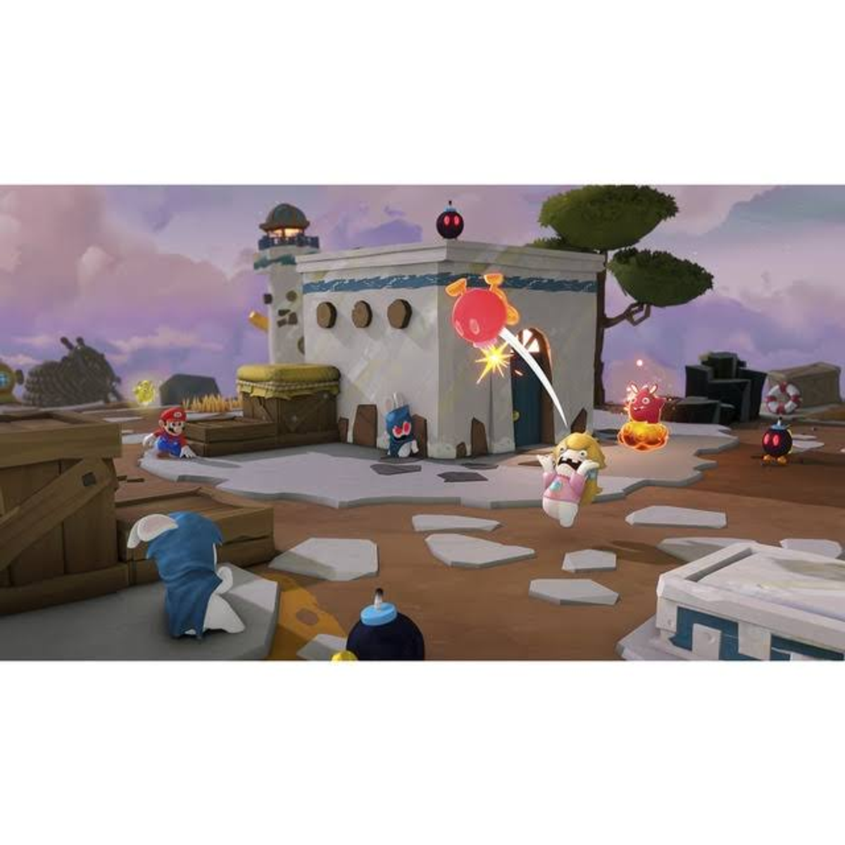 Una escena de videojuego con varios personajes de dibujos animados en un entorno colorido, se lanzan bombas.
