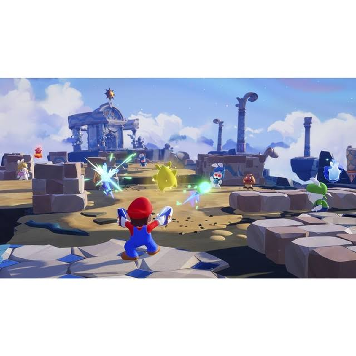 Mario con overoles azules lucha contra enemigos en un escenario desértico con otros personajes.