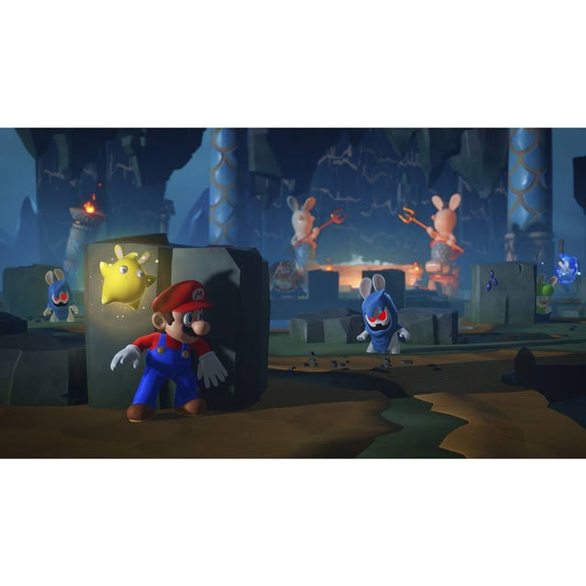 Mario con Rabbids, luchando contra enemigos en un entorno oscuro de fantasía.