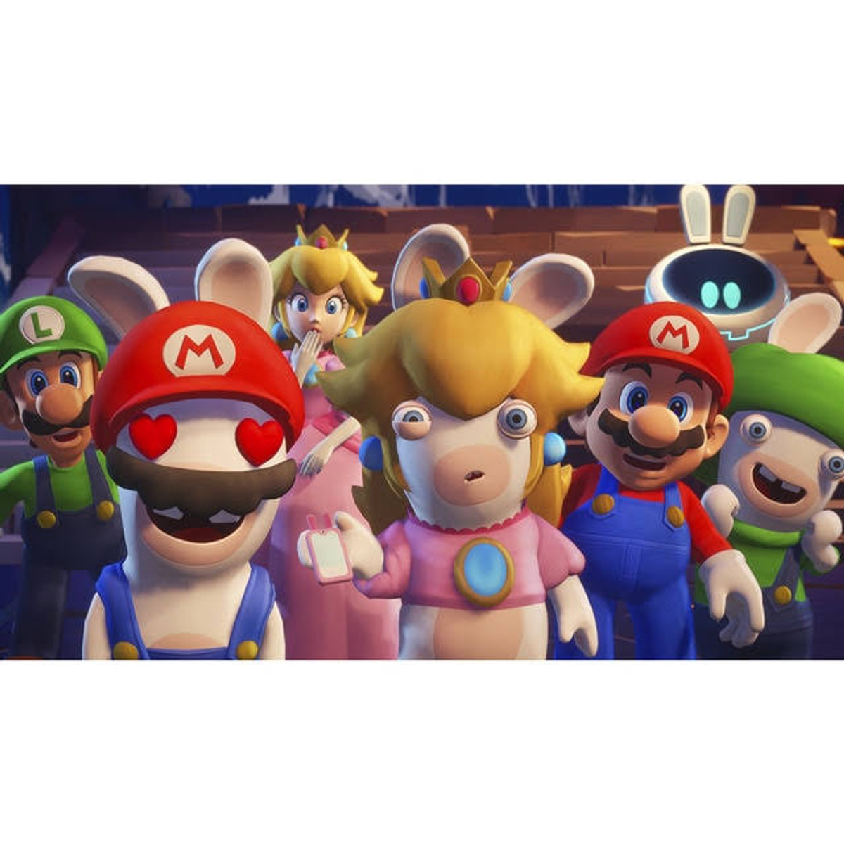 Escena de juego: personajes de Mario y Rabbids, con la Princesa Peach, en grupo.