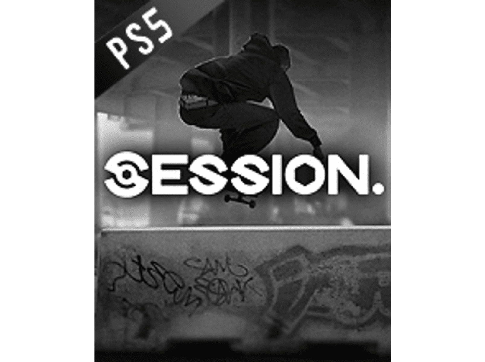 Caja de juego PS5: 'Session'. Skater saltando una barrera, blanco y negro.