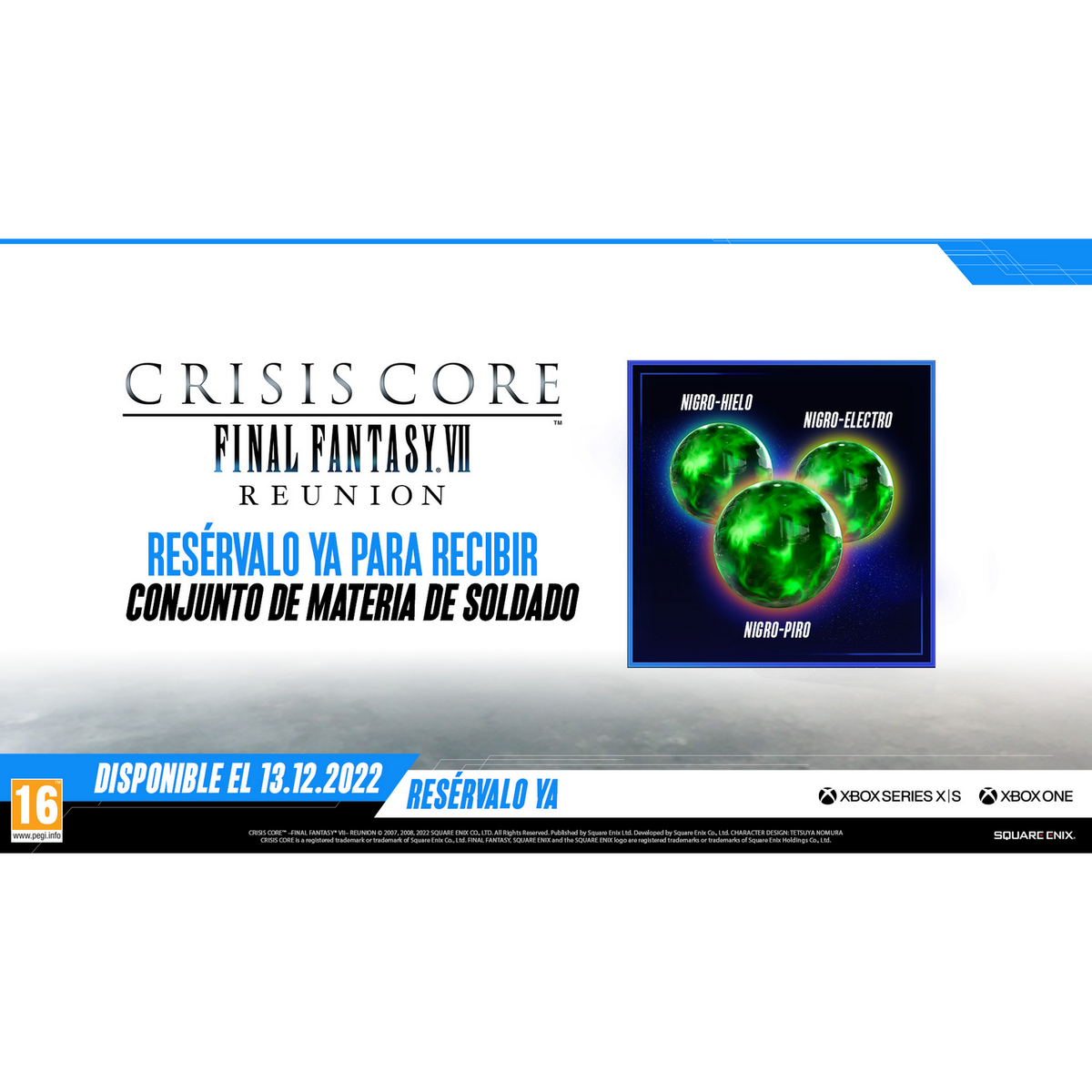 Reklama gry: Crisis Core, Final Fantasy VII Reunion, z zielonymi kulami i tekstem.