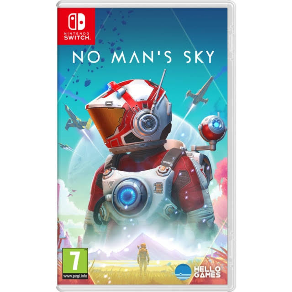 Okładka gry 'No Man's Sky'. Osoba w skafandrze kosmicznym stoi na planecie z statkami kosmicznymi.