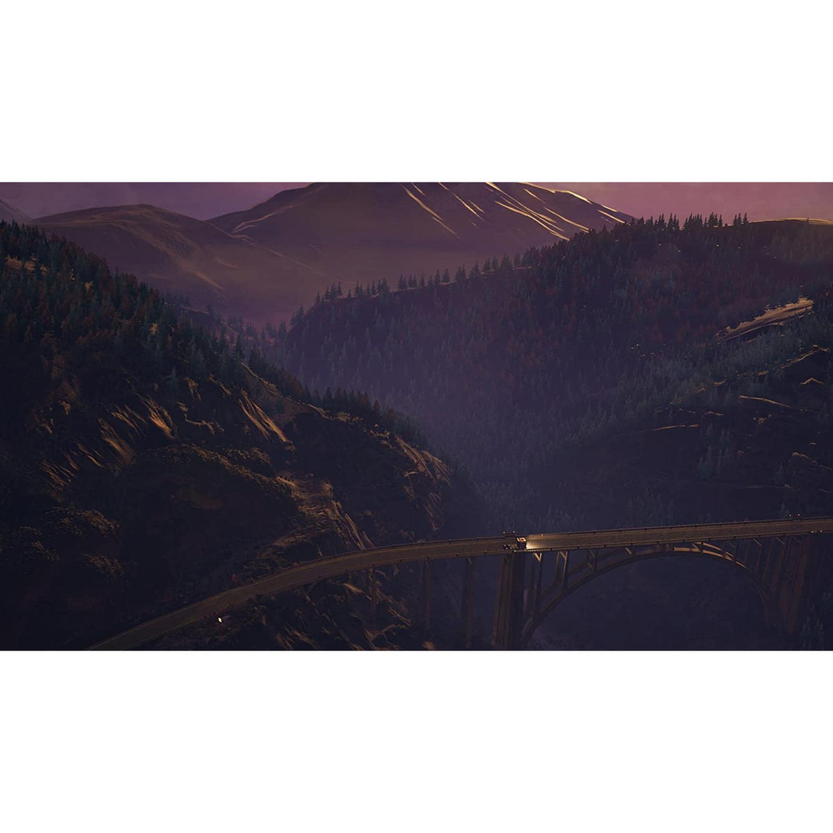 Vista panoramica di un ponte su una valle. Montagne e alberi sullo sfondo. Il cielo è scuro.