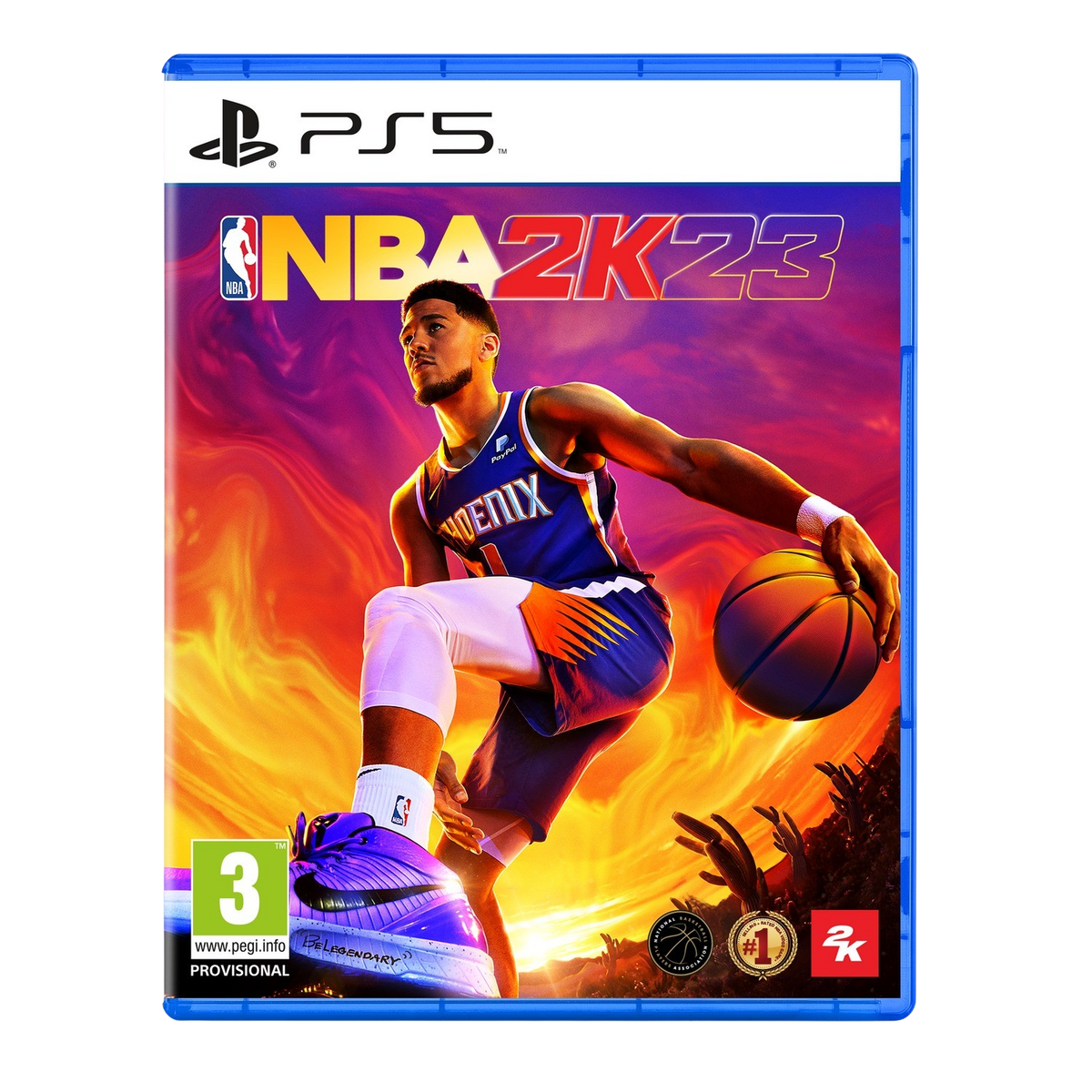 Portada del juego NBA 2K23. Un jugador de baloncesto con uniforme de los Suns bota la pelota. Logo PS5.
