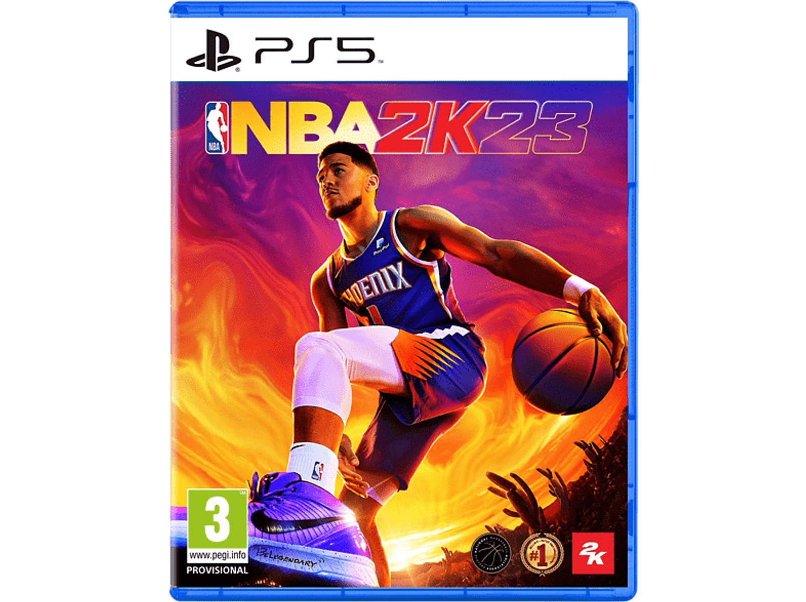 La portada del juego NBA 2K23 presenta a un jugador de baloncesto en acción, con una ciudad de fondo.