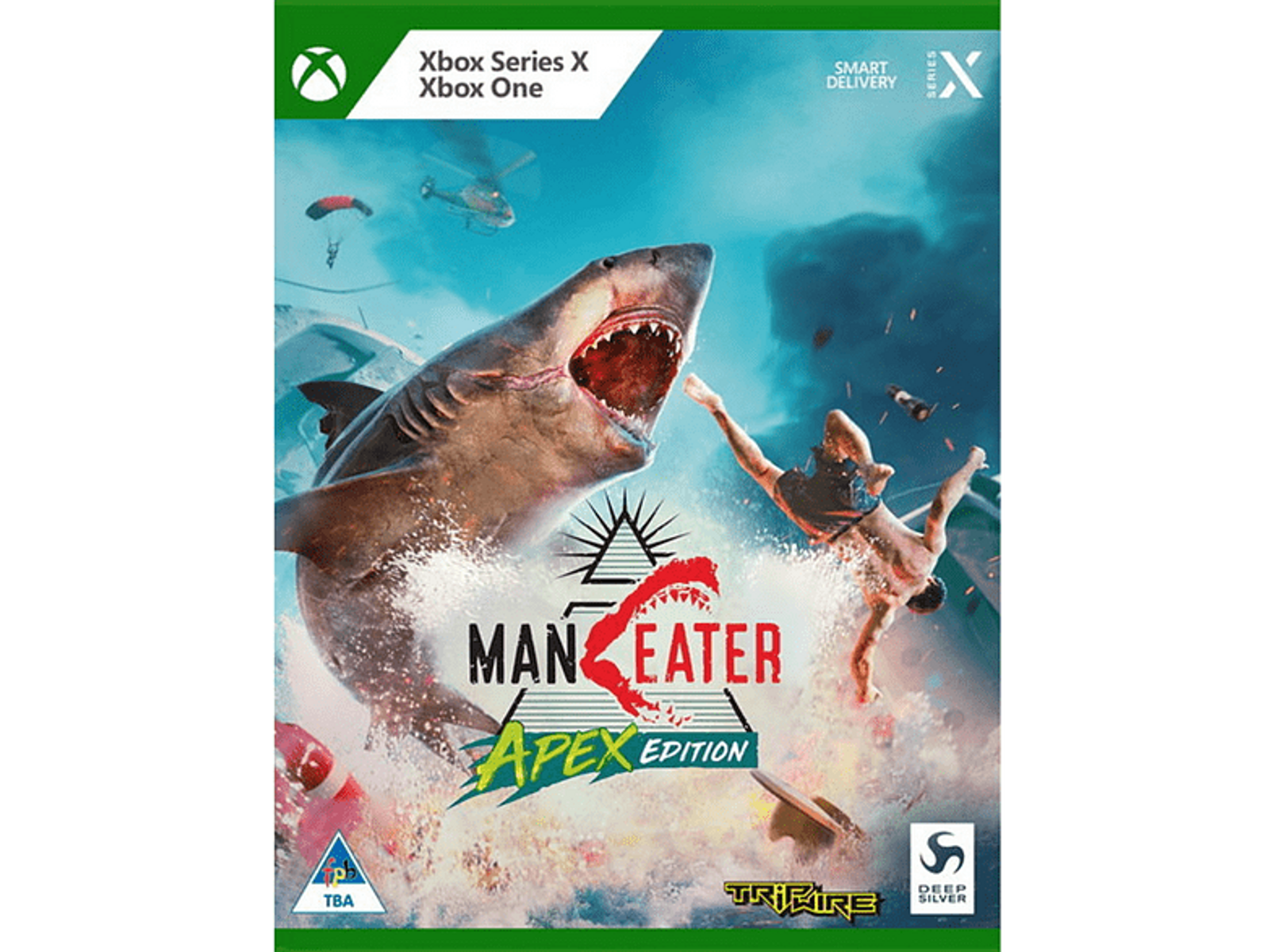 La copertina del gioco mostra uno squalo che attacca un uomo. Il titolo del gioco è Maneater: Apex Edition.