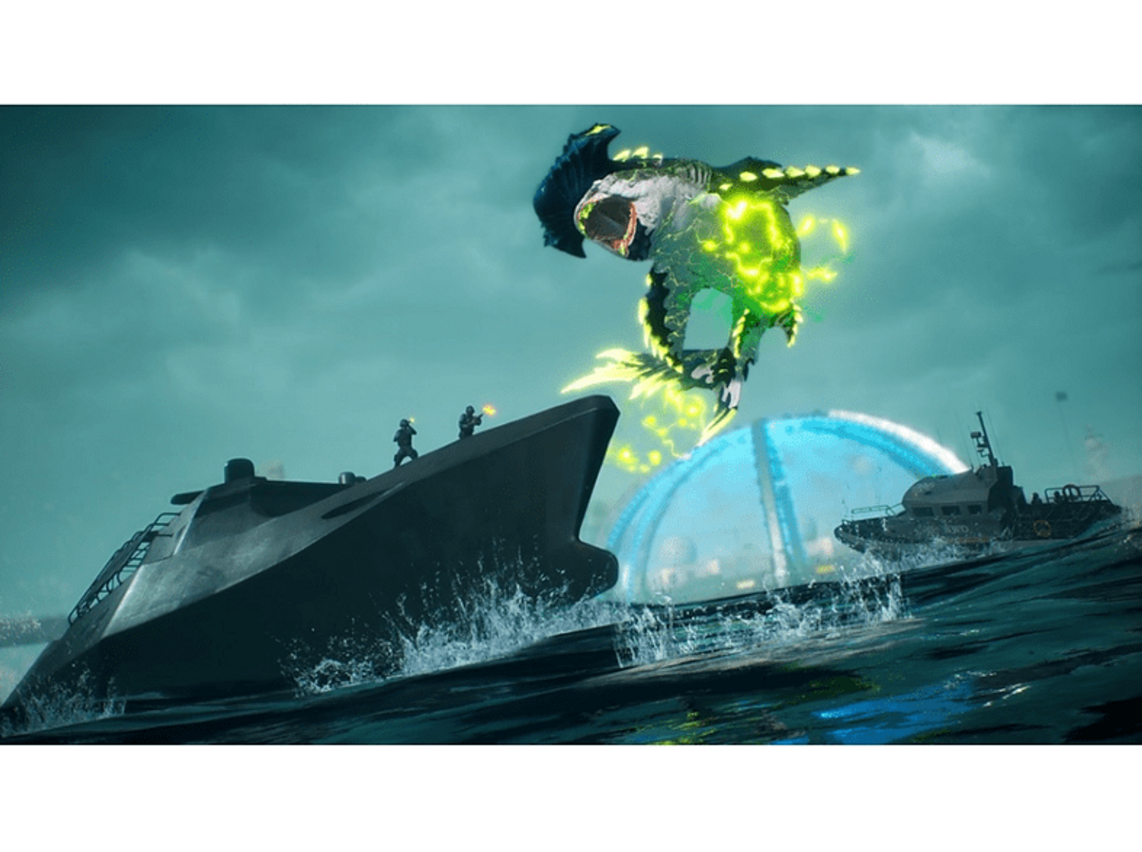 Scena di videogioco: Mostro che attacca barche con energia, spruzzi d'acqua.