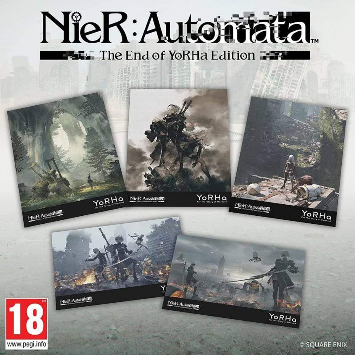 Una exhibición de tarjetas de arte del juego NieR:Automata, con varias ilustraciones de personajes.