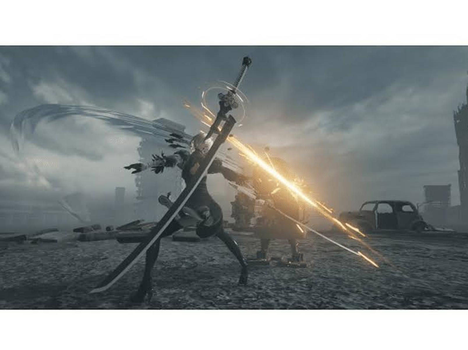 Escena de juego con dos personajes luchando con espadas, en un entorno desolado.